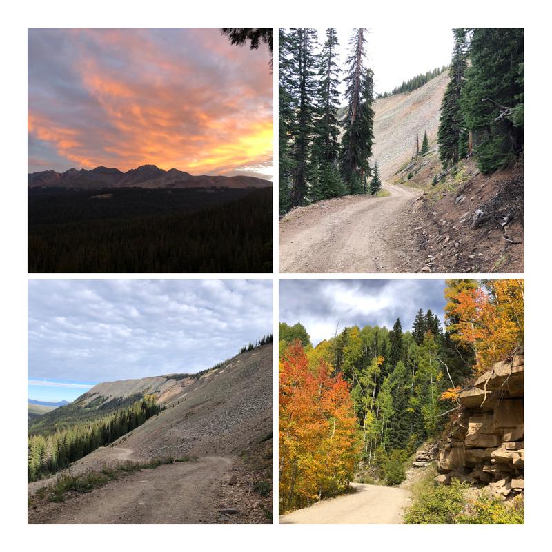 top left: sunrise above mountains, top right: dirt roud bordered by pine trees, bottom left: mountain side with dirt road, bottom right: dirt road with colorful aspen trees, pine trees and rocks